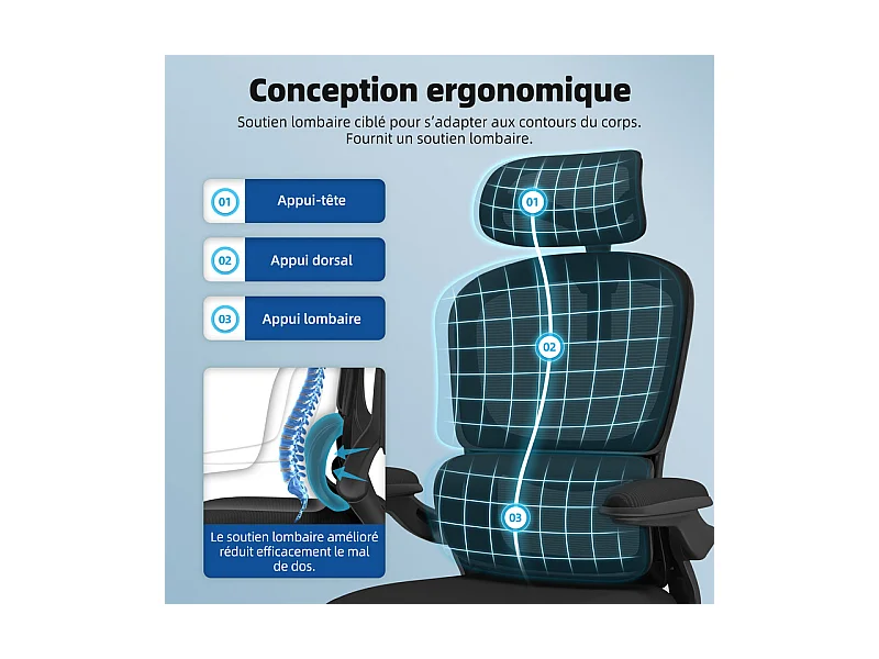 Fauteuil de bureau,Chaise de bureau,Capacité De Charge De 150 Kg,Accoudoirs Rabattables À 90°Et Soutien Du Dossier Réglable
