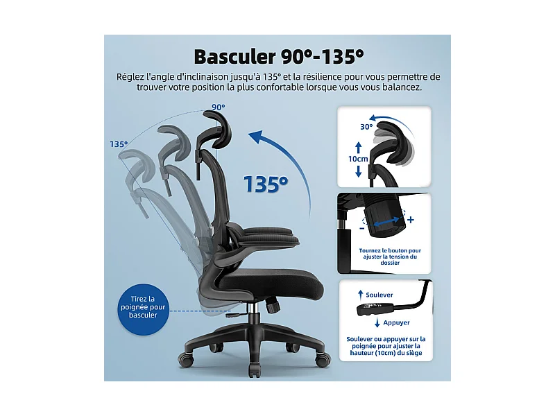 Fauteuil de bureau,Chaise de bureau,Capacité De Charge De 150 Kg,Accoudoirs Rabattables À 90°Et Soutien Du Dossier Réglable