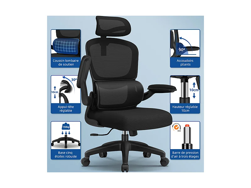Fauteuil de bureau,Chaise de bureau,Capacité De Charge De 150 Kg,Accoudoirs Rabattables À 90°Et Soutien Du Dossier Réglable