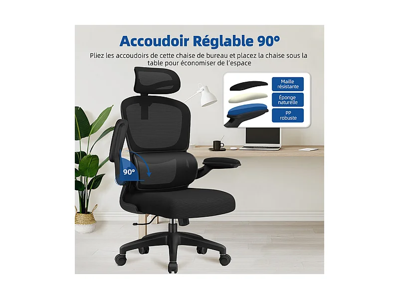 Fauteuil de bureau,Chaise de bureau,Capacité De Charge De 150 Kg,Accoudoirs Rabattables À 90°Et Soutien Du Dossier Réglable
