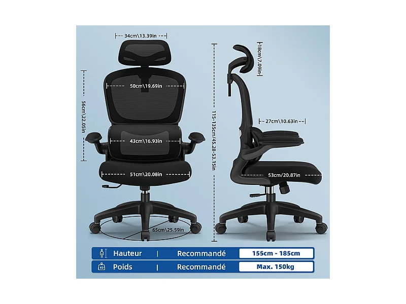 Fauteuil de bureau,Chaise de bureau,Capacité De Charge De 150 Kg,Accoudoirs Rabattables À 90°Et Soutien Du Dossier Réglable