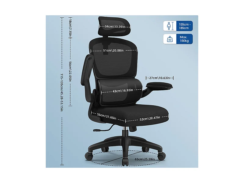 Fauteuil de bureau,Chaise de bureau,Capacité De Charge De 150 Kg,Accoudoirs Rabattables À 90°Et Soutien Du Dossier Réglable