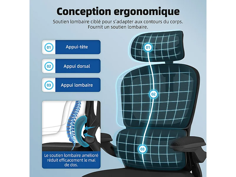Fauteuil de bureau,Chaise de bureau,Capacité De Charge De 150 Kg,Accoudoirs Rabattables À 90°Et Soutien Du Dossier Réglable