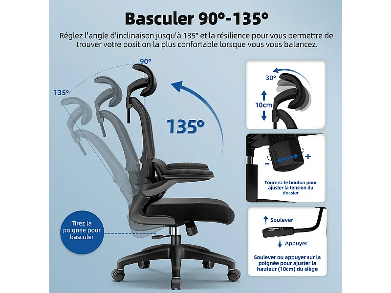 Fauteuil de bureau,Chaise de bureau,Capacité De Charge De 150 Kg,Accoudoirs Rabattables À 90°Et Soutien Du Dossier Réglable