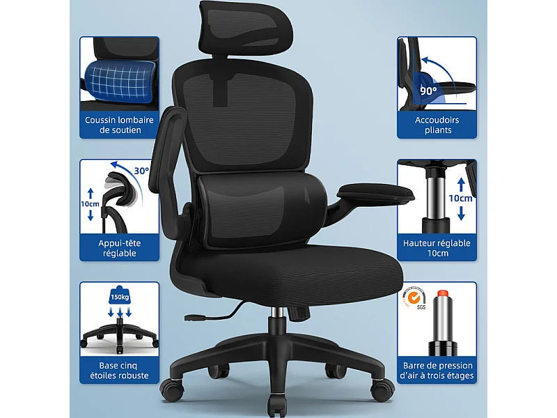 Fauteuil de bureau,Chaise de bureau,Capacité De Charge De 150 Kg,Accoudoirs Rabattables À 90°Et Soutien Du Dossier Réglable