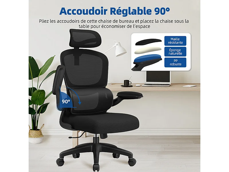 Fauteuil de bureau,Chaise de bureau,Capacité De Charge De 150 Kg,Accoudoirs Rabattables À 90°Et Soutien Du Dossier Réglable