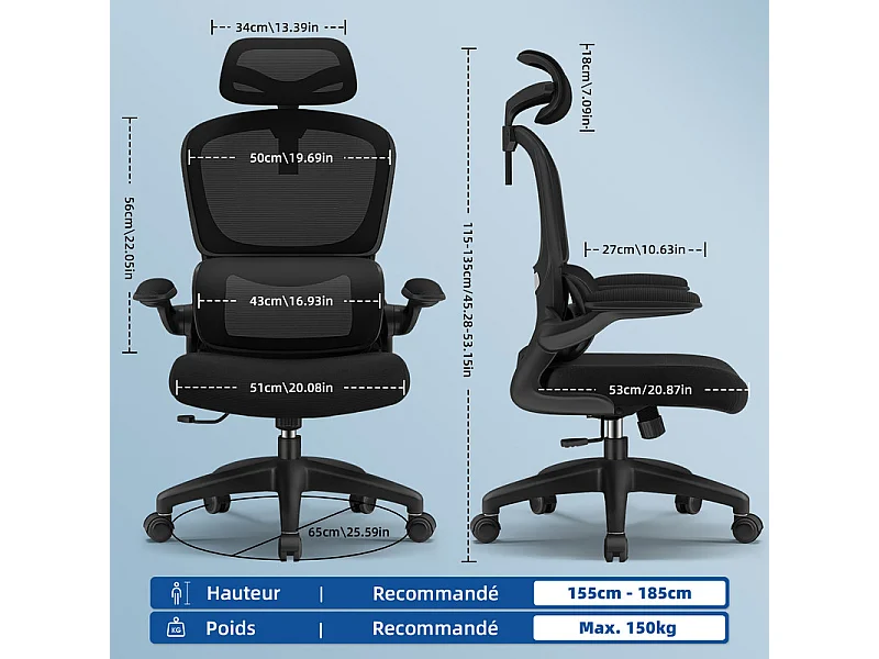 Fauteuil de bureau,Chaise de bureau,Capacité De Charge De 150 Kg,Accoudoirs Rabattables À 90°Et Soutien Du Dossier Réglable