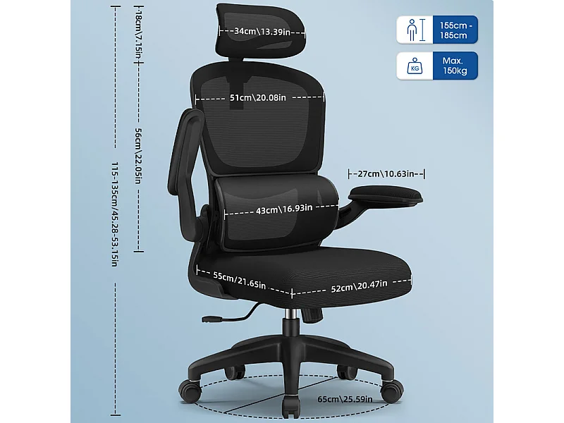 Fauteuil de bureau,Chaise de bureau,Capacité De Charge De 150 Kg,Accoudoirs Rabattables À 90°Et Soutien Du Dossier Réglable