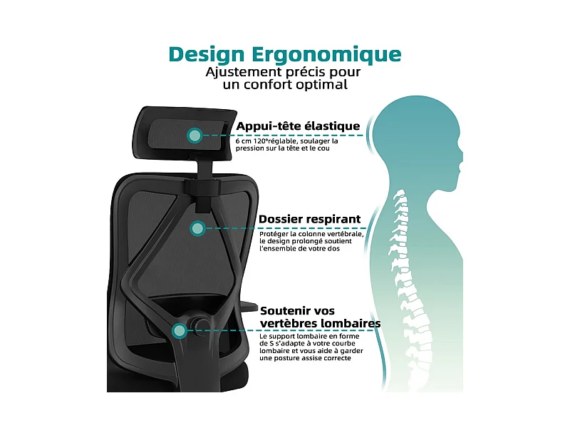 Chaise de bureau,Fauteuil de bureau,Capacité De Charge De 150 Kg,Accoudoirs Rabattables À 90°Et Soutien Du Dossier Réglable