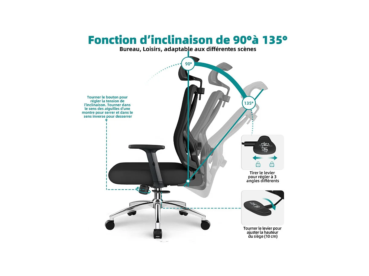 Chaise de bureau,Fauteuil de bureau,Capacité De Charge De 150 Kg,Accoudoirs Rabattables À 90°Et Soutien Du Dossier Réglable