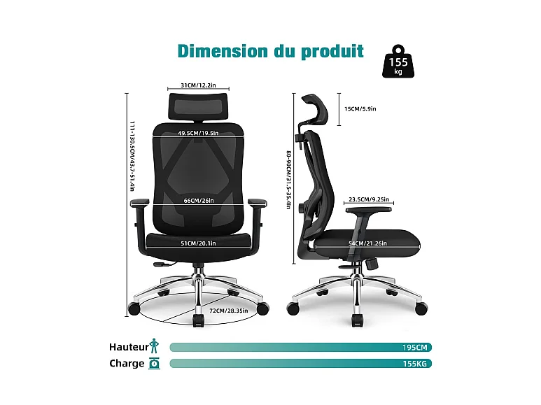Chaise de bureau,Fauteuil de bureau,Capacité De Charge De 150 Kg,Accoudoirs Rabattables À 90°Et Soutien Du Dossier Réglable
