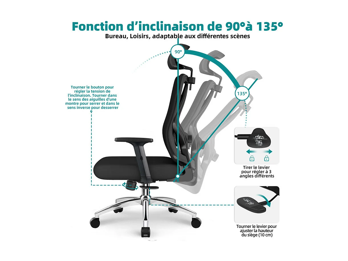 Chaise de bureau,Fauteuil de bureau,Capacité De Charge De 150 Kg,Accoudoirs Rabattables À 90°Et Soutien Du Dossier Réglable