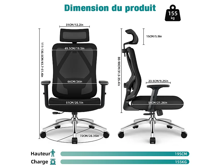 Chaise de bureau,Fauteuil de bureau,Capacité De Charge De 150 Kg,Accoudoirs Rabattables À 90°Et Soutien Du Dossier Réglable