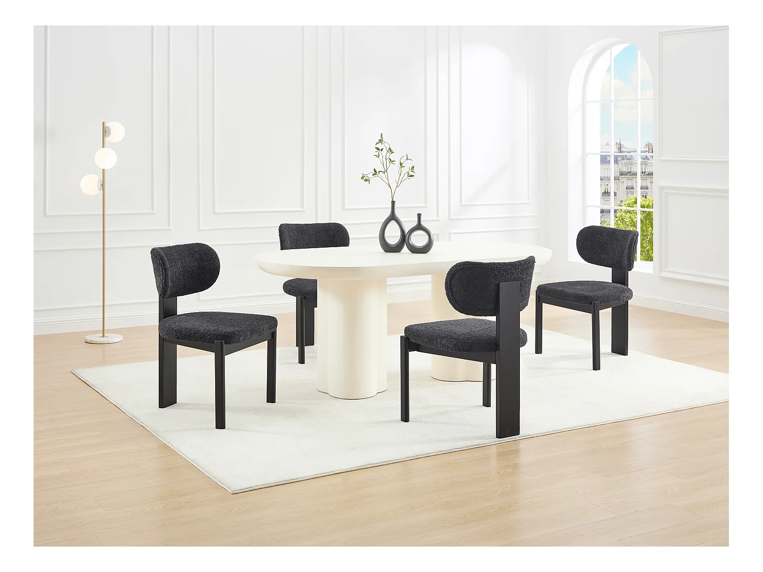Lot de 6 chaises en tissu bouclette et bois d'hévéa - Noir - WILANA