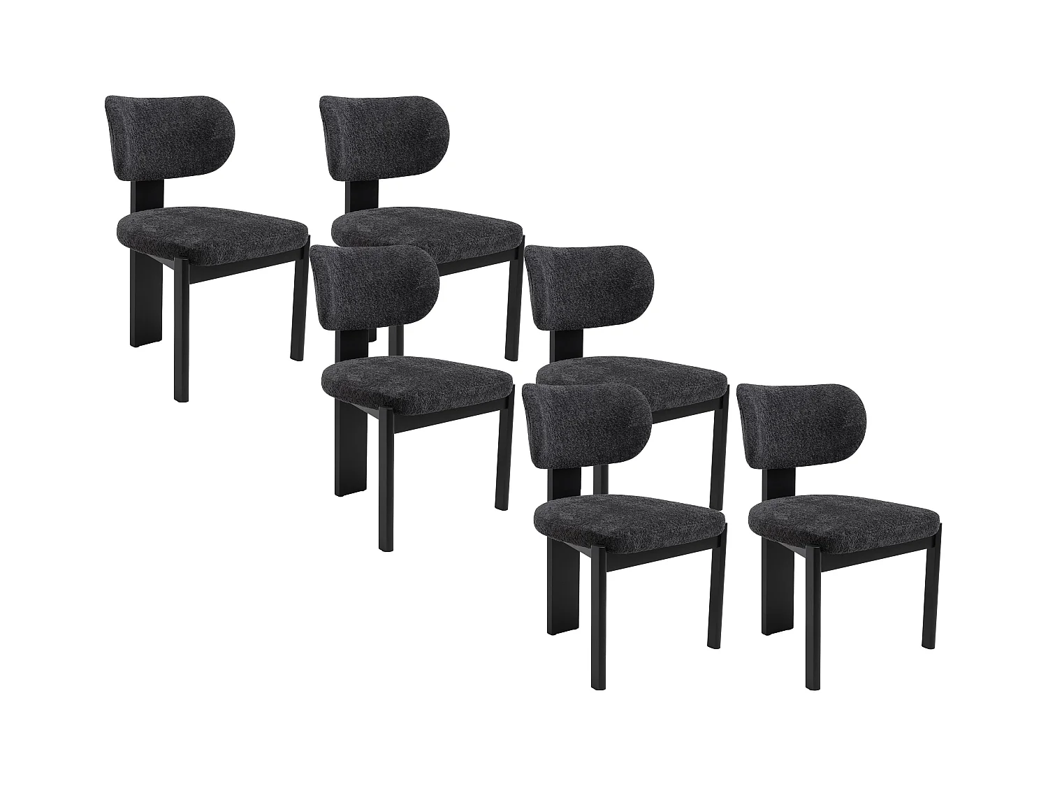 Lot de 6 chaises en tissu bouclette et bois d'hévéa - Noir - WILANA