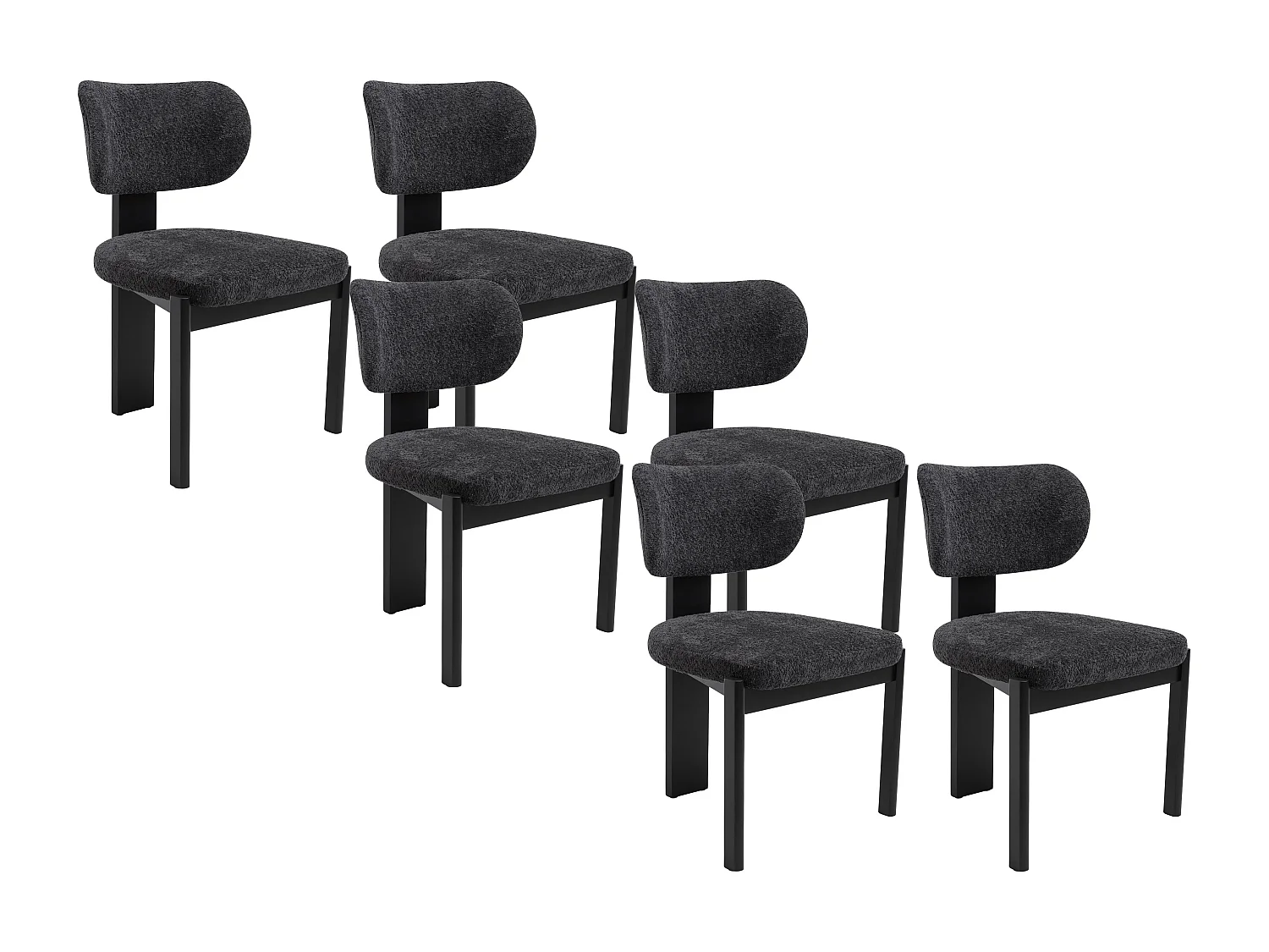 Lot de 6 chaises en tissu bouclette et bois d'hévéa - Noir - WILANA