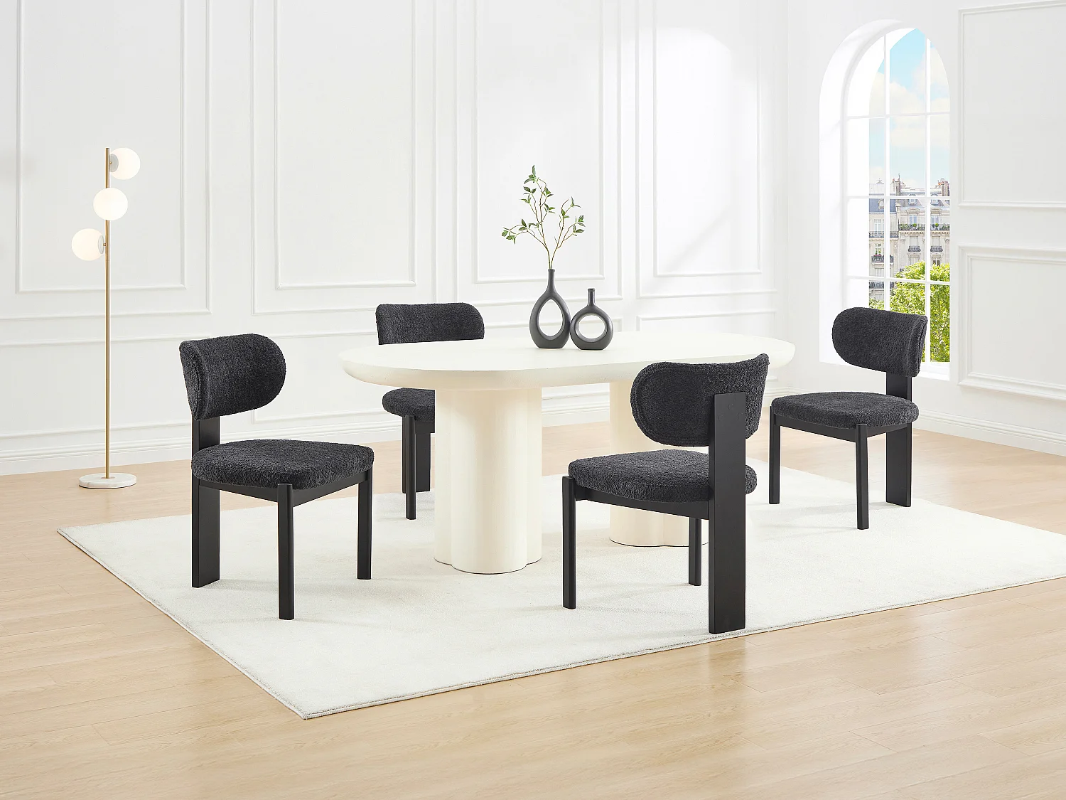 Lot de 6 chaises en tissu bouclette et bois d'hévéa - Noir - WILANA