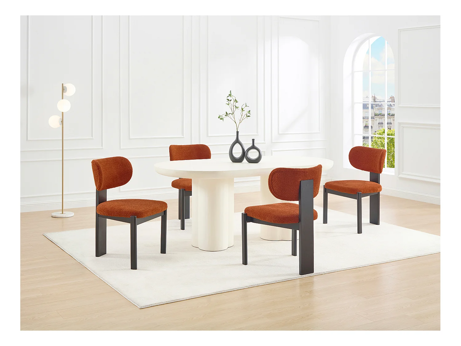 Lot de 6 chaises en tissu bouclette et bois d'hévéa noir - Terracotta - WILANA