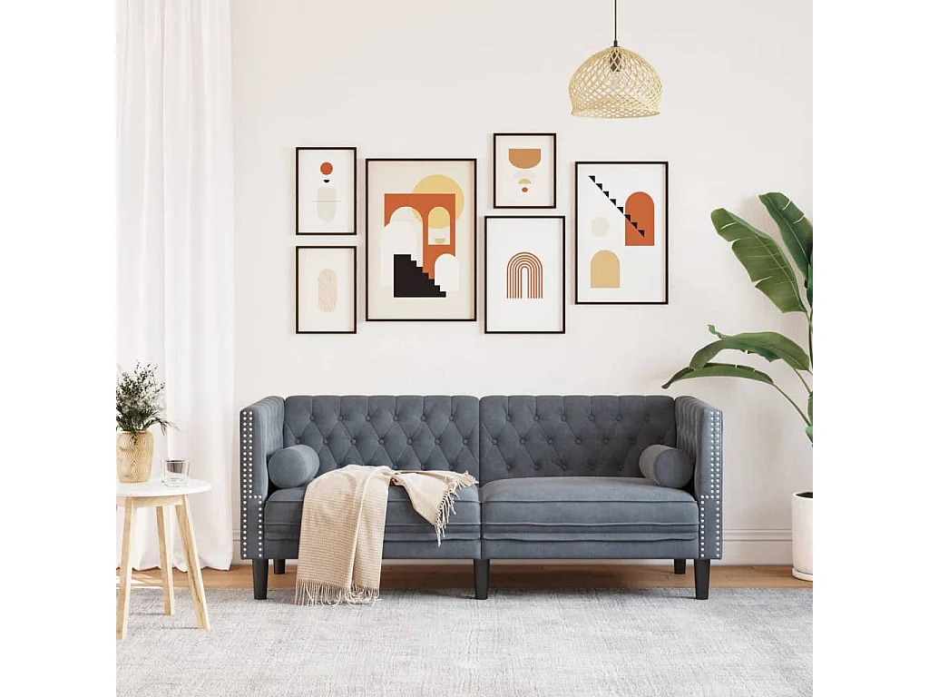 Canapé Chesterfield 2 places | Sofa pour Salon avec traversins gris foncé velours