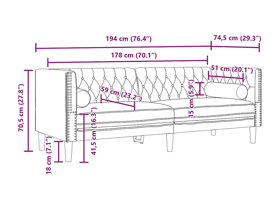 Canapé Chesterfield 3 places | Sofa pour Salon avec traversins velours