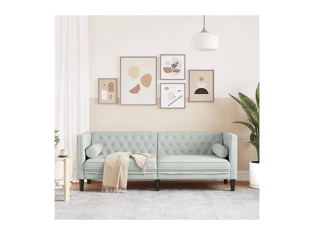 Canapé Chesterfield 3 places | Sofa pour Salon avec traversins gris clair velours