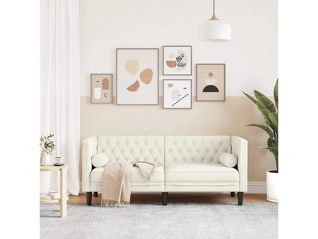 Canapé Chesterfield 2 places | Sofa pour Salon avec traversins crème velours