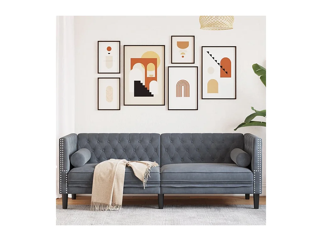 Canapé Chesterfield 3 places | Sofa pour Salon avec traversins gris foncé velours