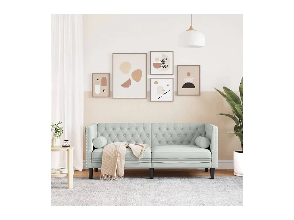 Canapé Chesterfield 2 places | Sofa pour Salon avec traversins gris clair velours