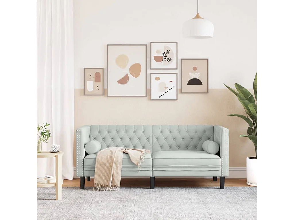 Canapé Chesterfield 2 places | Sofa pour Salon avec traversins gris clair velours