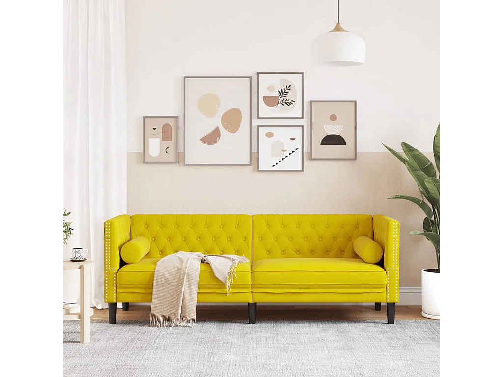 Canapé Chesterfield 3 places | Sofa pour Salon avec traversins jaune velours
