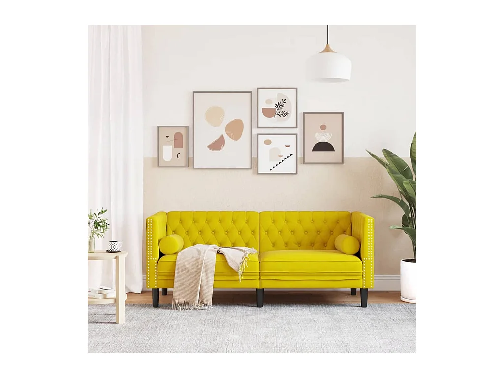 Canapé Chesterfield 2 places | Sofa pour Salon avec traversins jaune velours
