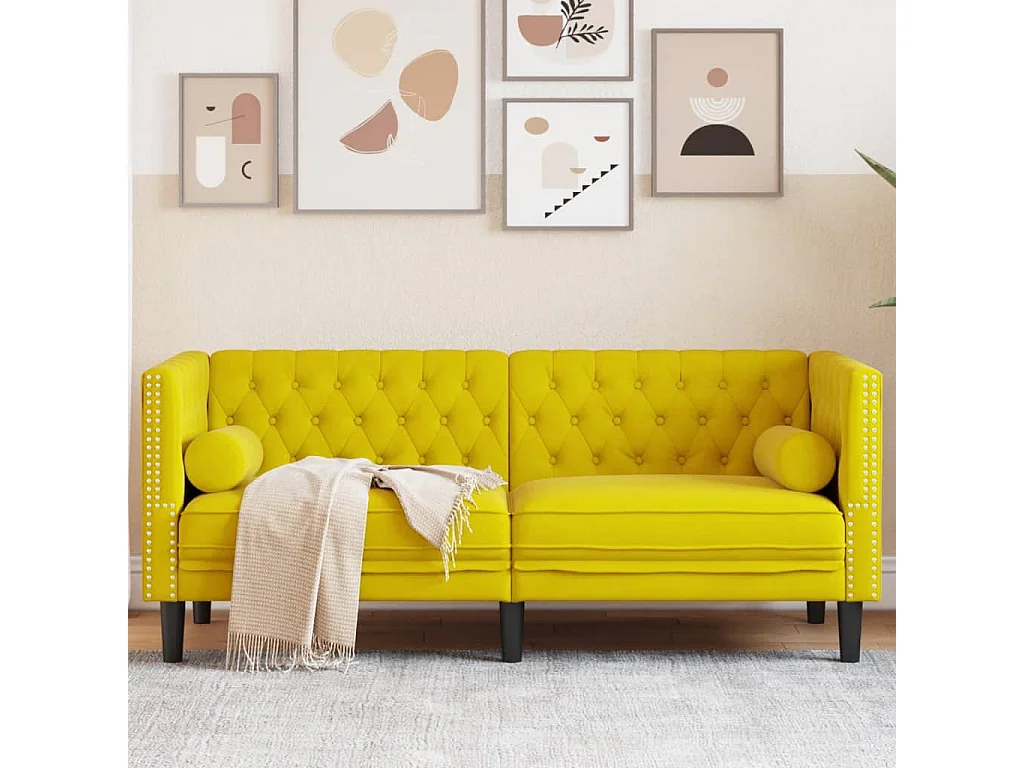 Canapé Chesterfield 2 places | Sofa pour Salon avec traversins jaune velours