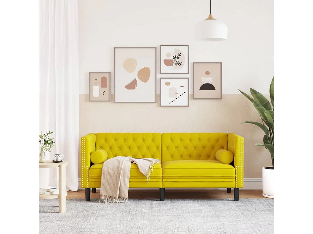 Canapé Chesterfield 2 places | Sofa pour Salon avec traversins jaune velours