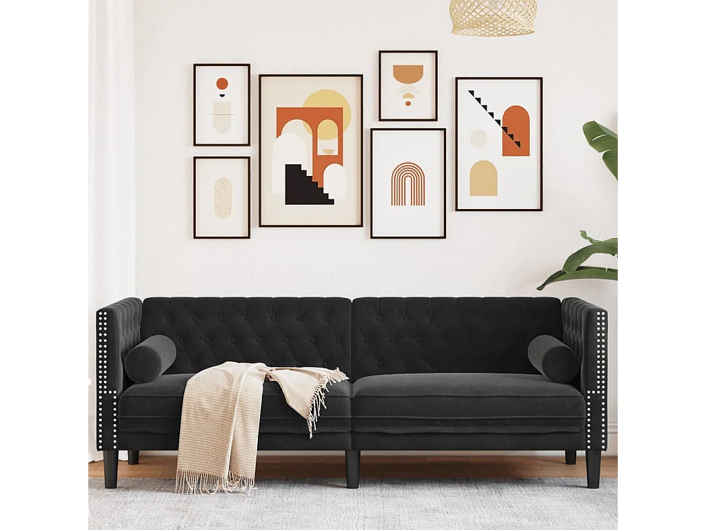 Canapé Chesterfield 3 places | Sofa pour Salon avec traversins noir velours