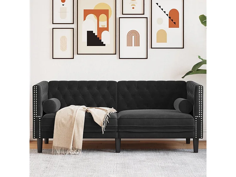 Canapé Chesterfield 2 places | Sofa pour Salon avec traversins noir velours