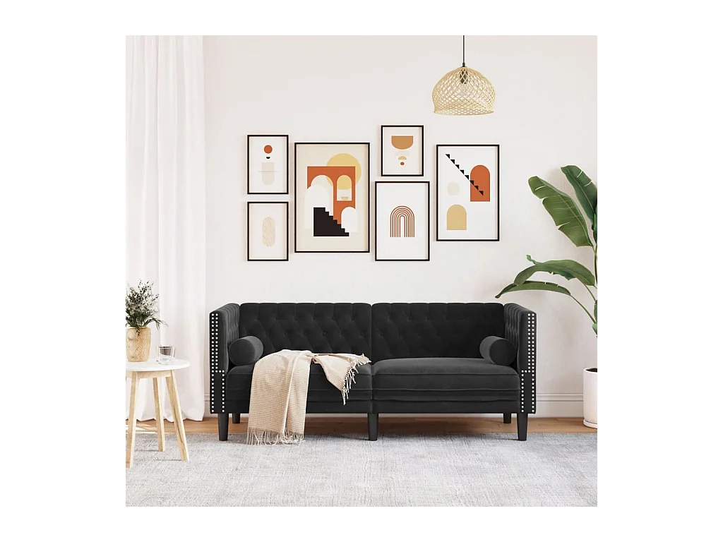 Canapé Chesterfield 2 places | Sofa pour Salon avec traversins noir velours