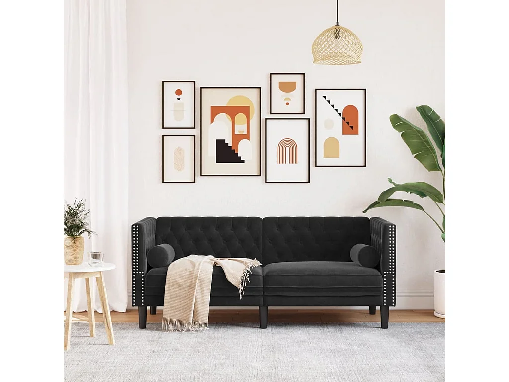 Canapé Chesterfield 2 places | Sofa pour Salon avec traversins noir velours