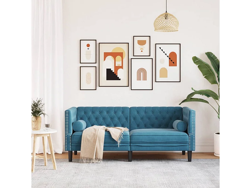 Canapé Chesterfield 2 places | Sofa pour Salon avec traversins bleu velours