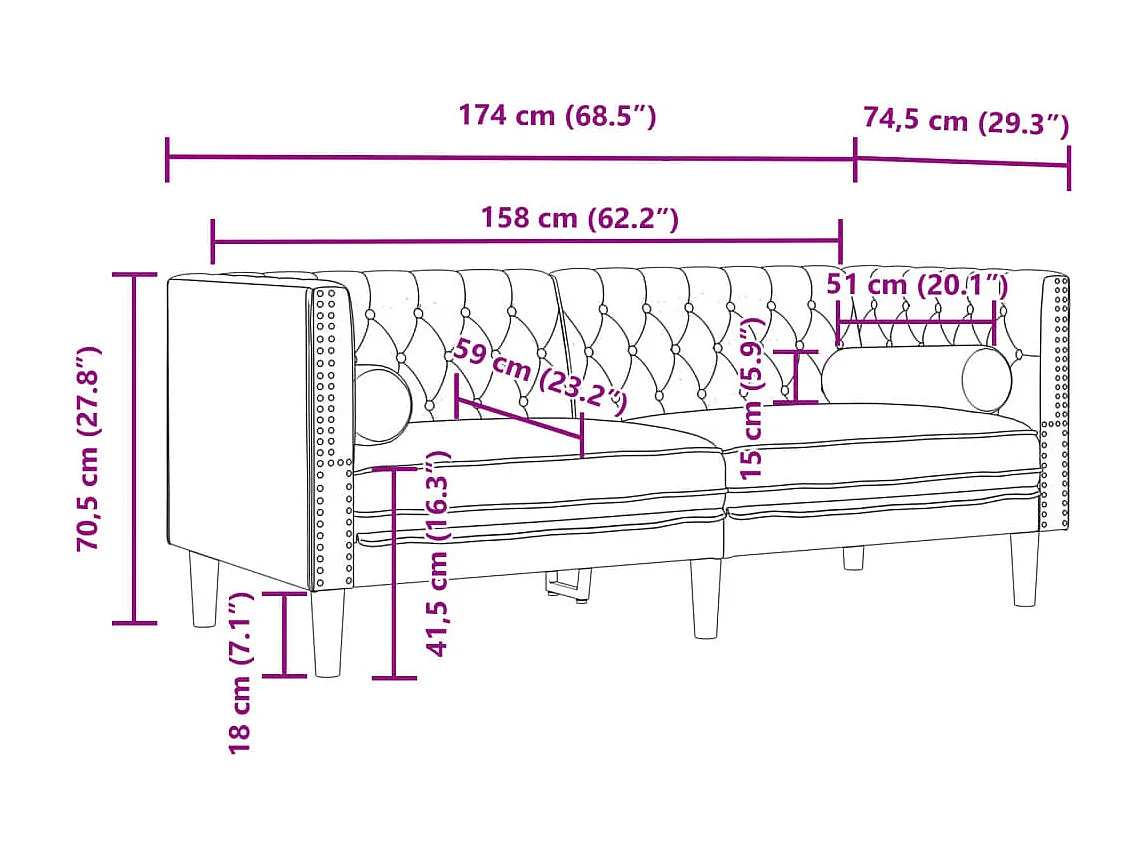 Canapé Chesterfield 2 places | Sofa pour Salon avec traversins bleu velours