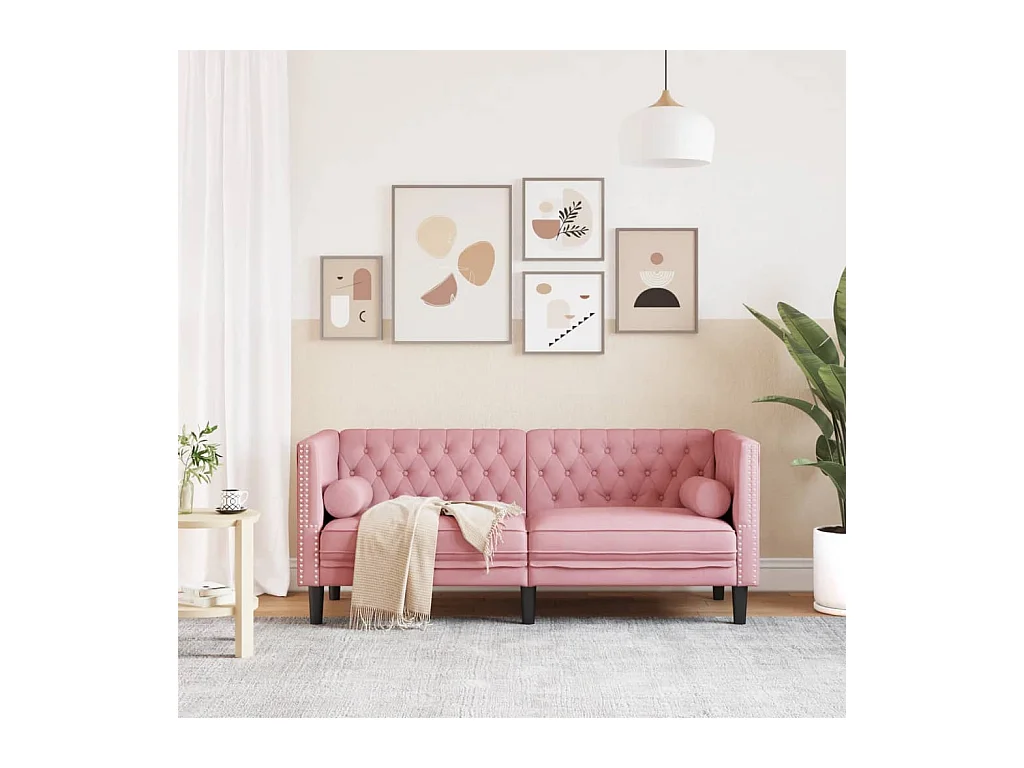 Canapé Chesterfield 2 places | Sofa pour Salon avec traversins rose velours