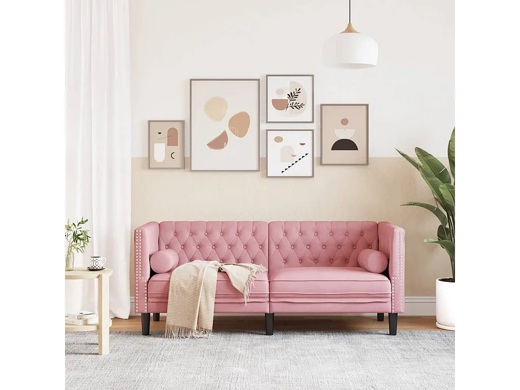 Canapé Chesterfield 2 places | Sofa pour Salon avec traversins rose velours