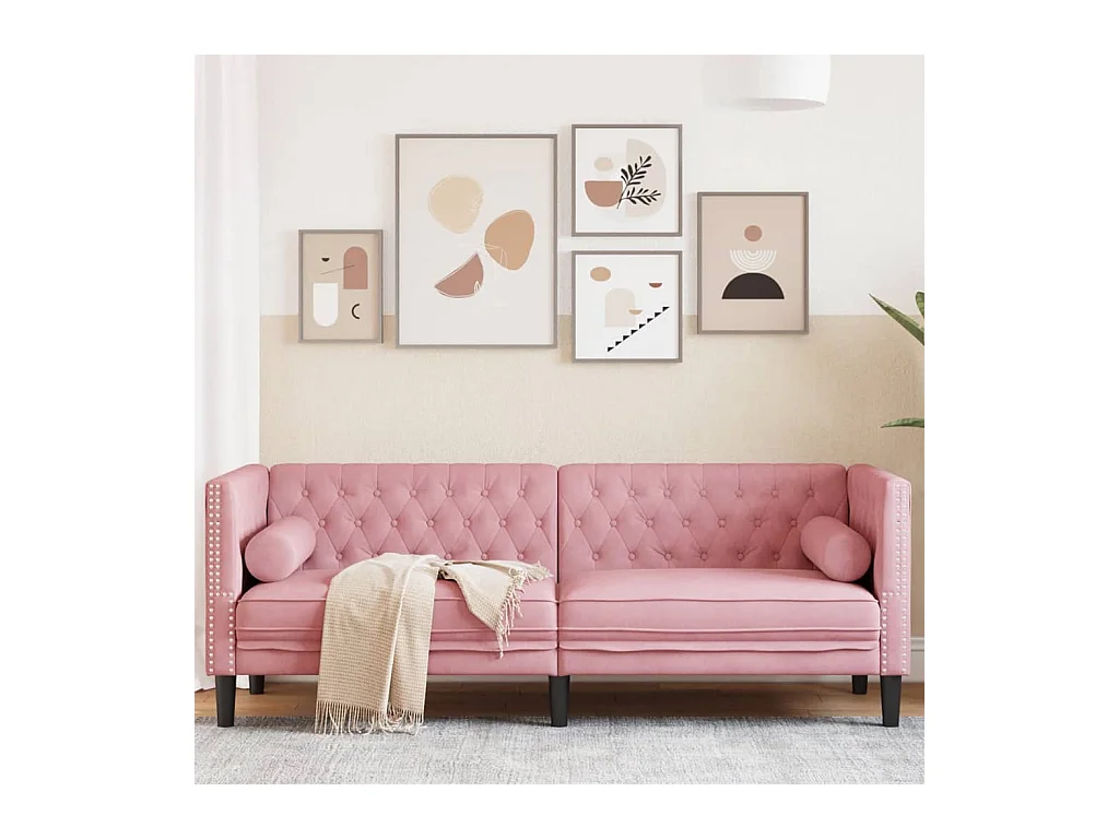 Canapé Chesterfield 3 places | Sofa pour Salon avec traversins rose velours