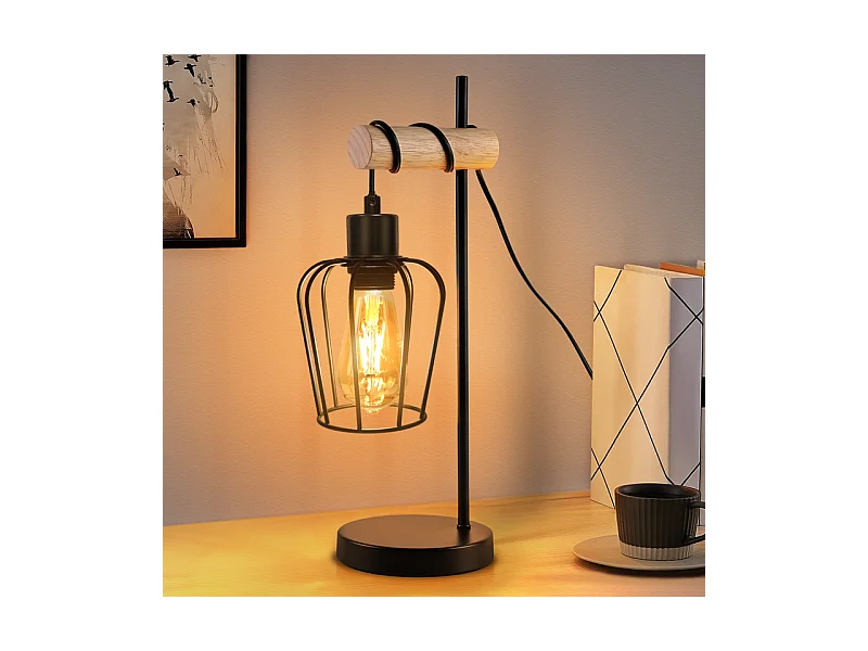 Lampe de table NETTLIFE salon lampe de table en bois vintage : lampe de chevet noire 1 lumière au design industriel en métal douille E27 sans ampoule