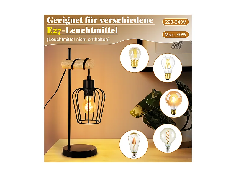 Lampe de table NETTLIFE salon lampe de table en bois vintage : lampe de chevet noire 1 lumière au design industriel en métal douille E27 sans ampoule