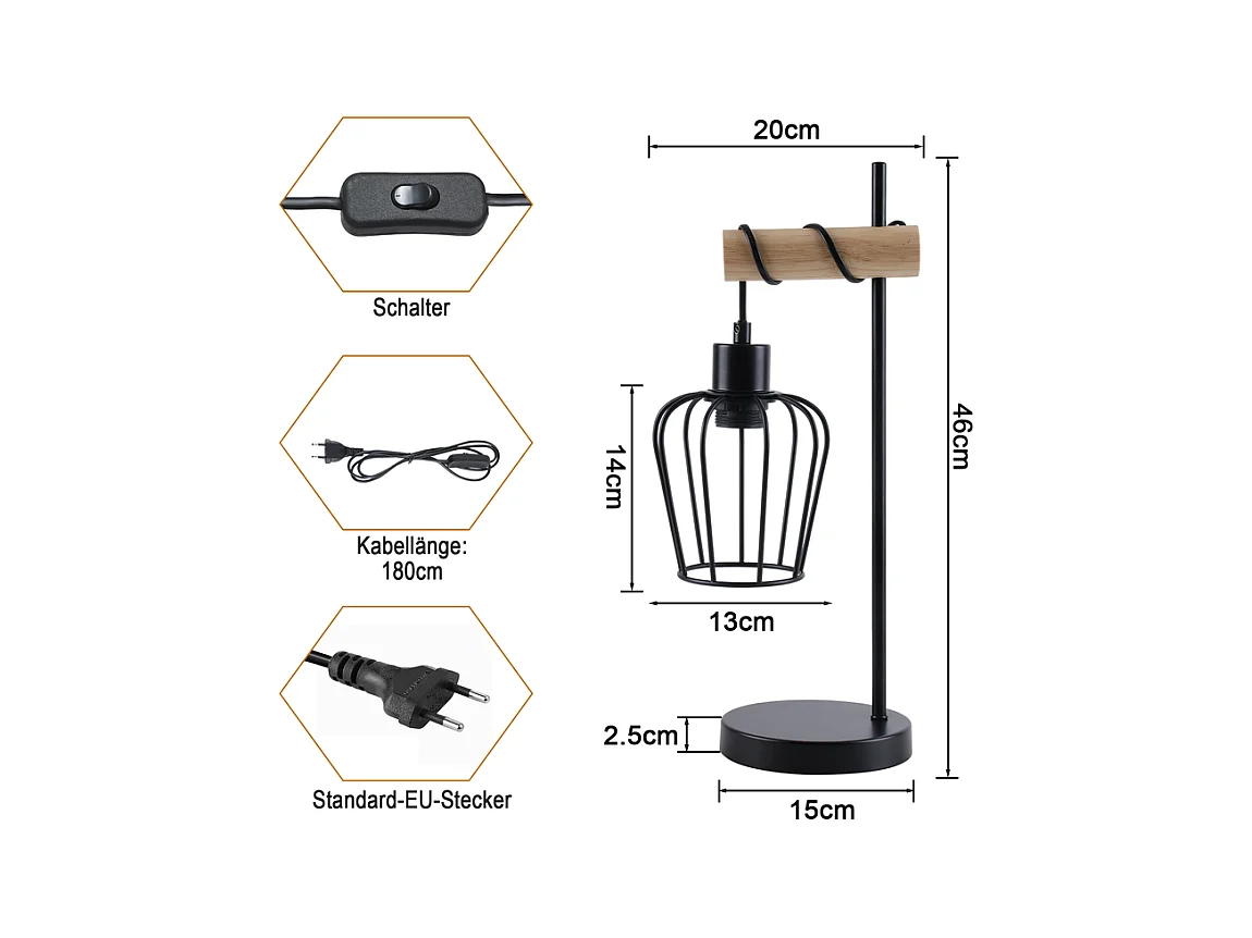 Lampe de table NETTLIFE salon lampe de table en bois vintage : lampe de chevet noire 1 lumière au design industriel en métal douille E27 sans ampoule