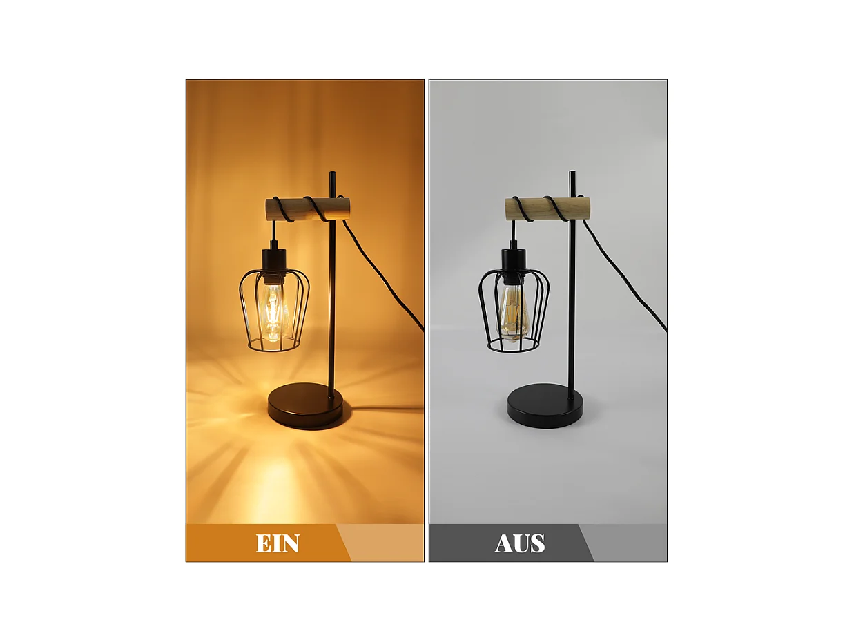 Lampe de table NETTLIFE salon lampe de table en bois vintage : lampe de chevet noire 1 lumière au design industriel en métal douille E27 sans ampoule