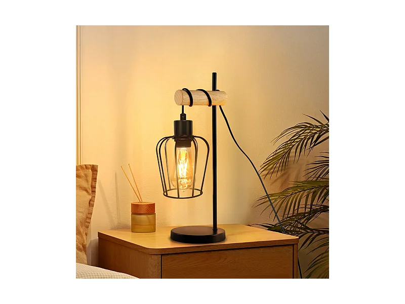 Lampe de table NETTLIFE salon lampe de table en bois vintage : lampe de chevet noire 1 lumière au design industriel en métal douille E27 sans ampoule