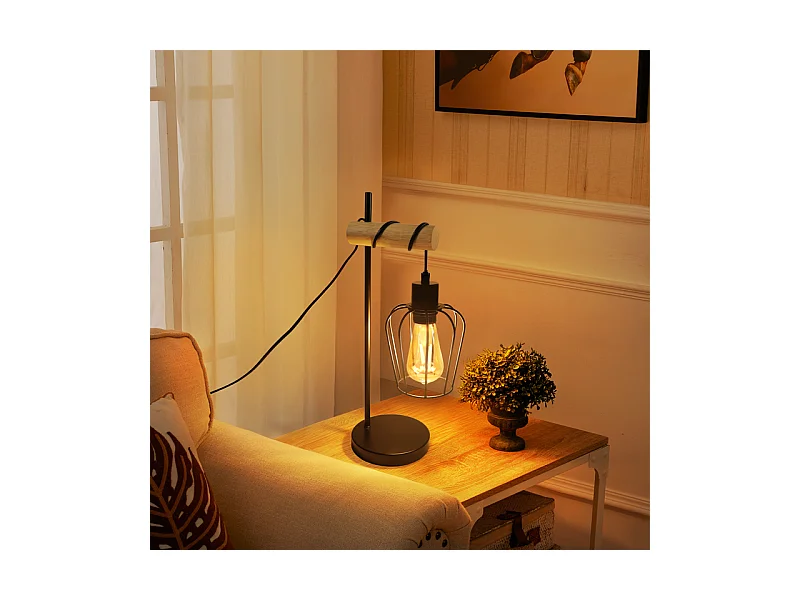 Lampe de table NETTLIFE salon lampe de table en bois vintage : lampe de chevet noire 1 lumière au design industriel en métal douille E27 sans ampoule