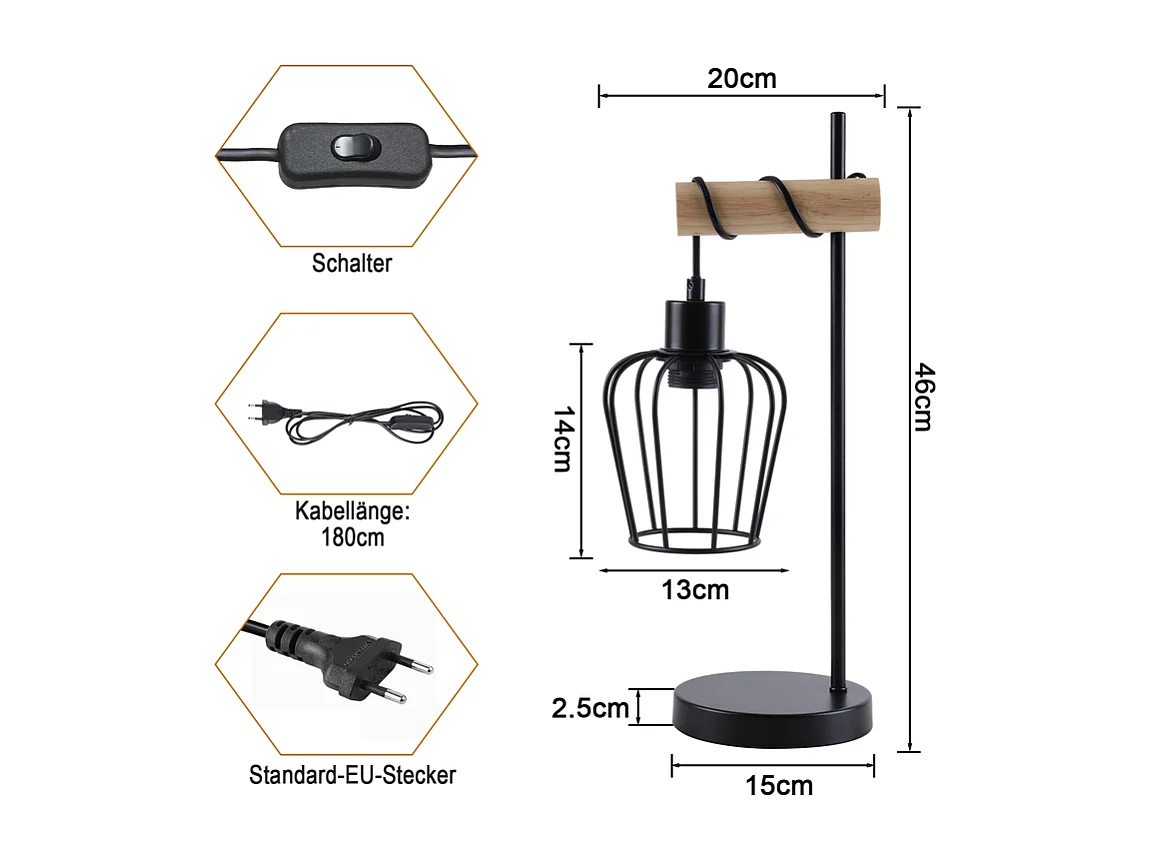 Lampe de table NETTLIFE salon lampe de table en bois vintage : lampe de chevet noire 1 lumière au design industriel en métal douille E27 sans ampoule