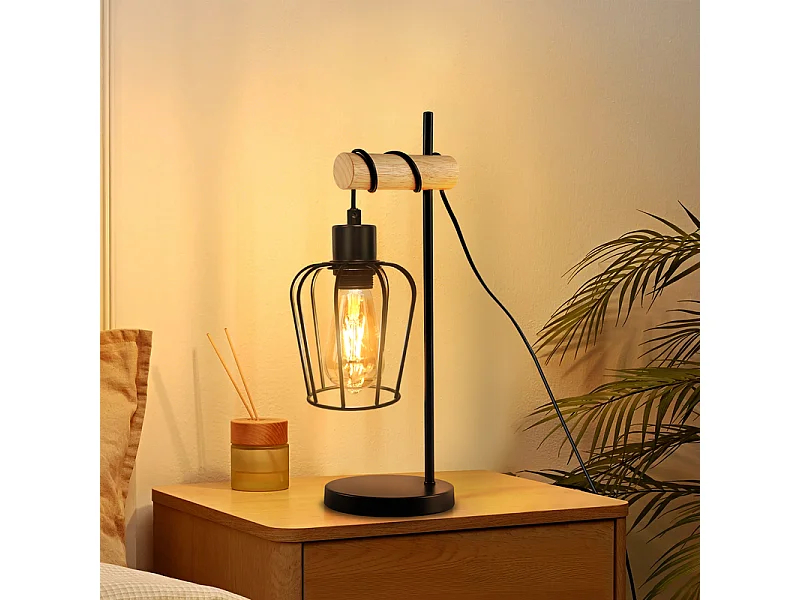 Lampe de table NETTLIFE salon lampe de table en bois vintage : lampe de chevet noire 1 lumière au design industriel en métal douille E27 sans ampoule